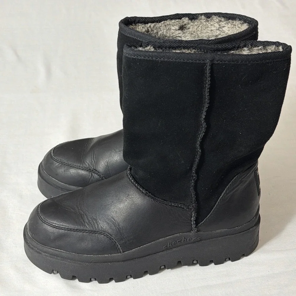 Skechers Outdoor Chunky Boots US 8.5 Black Leather Suede Faux Fur Lined 45253 A+